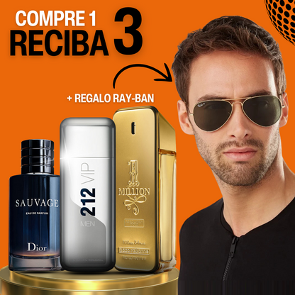 [Compre 1 y Reciba 3] Combo 3 Perfumes Hombre + Ray-Ban de regalo - Sauvage Dior | 212 VIP Men | One Million