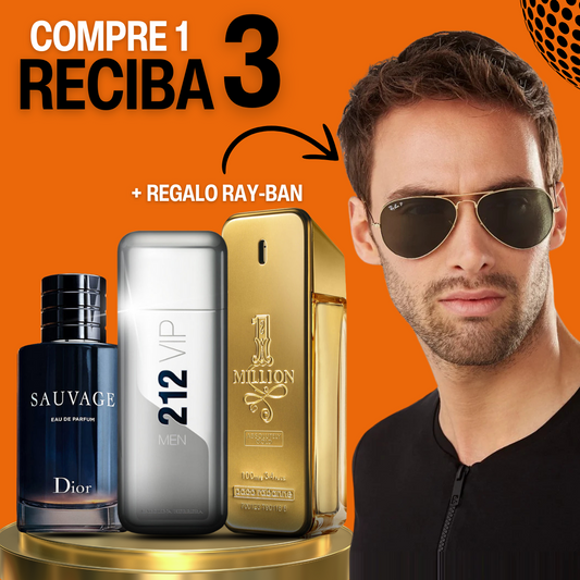 [Compre 1 y Reciba 3] Combo 3 Perfumes Hombre + Ray-Ban de regalo - Sauvage Dior | 212 VIP Men | One Million