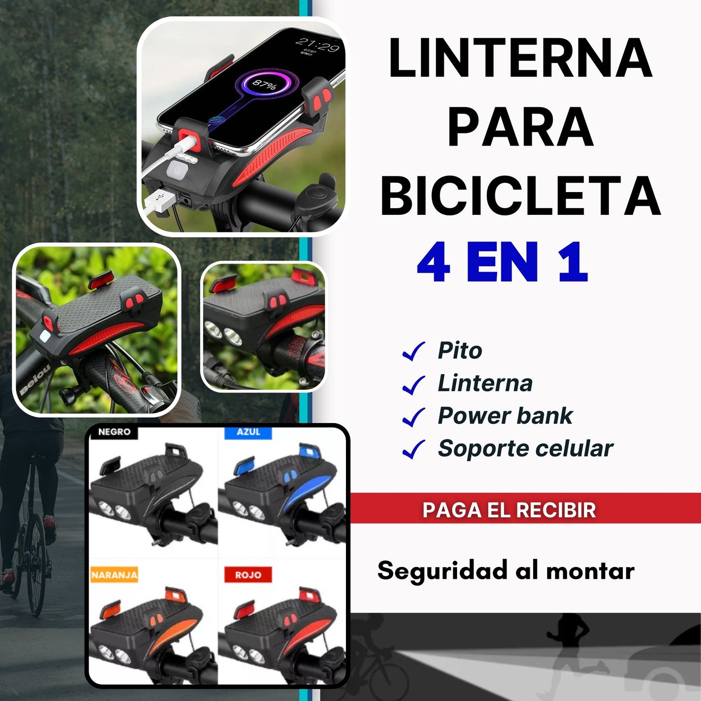 BiciOn™ 🚴‍♂️✨ Linterna de Bicicleta 4 en 1: Ilumina, Alerta, Sostén y Carga en Cada Viaje! 📢📱🔋 - [PROMOCIÓN DISPONIBLE SOLO HOY]