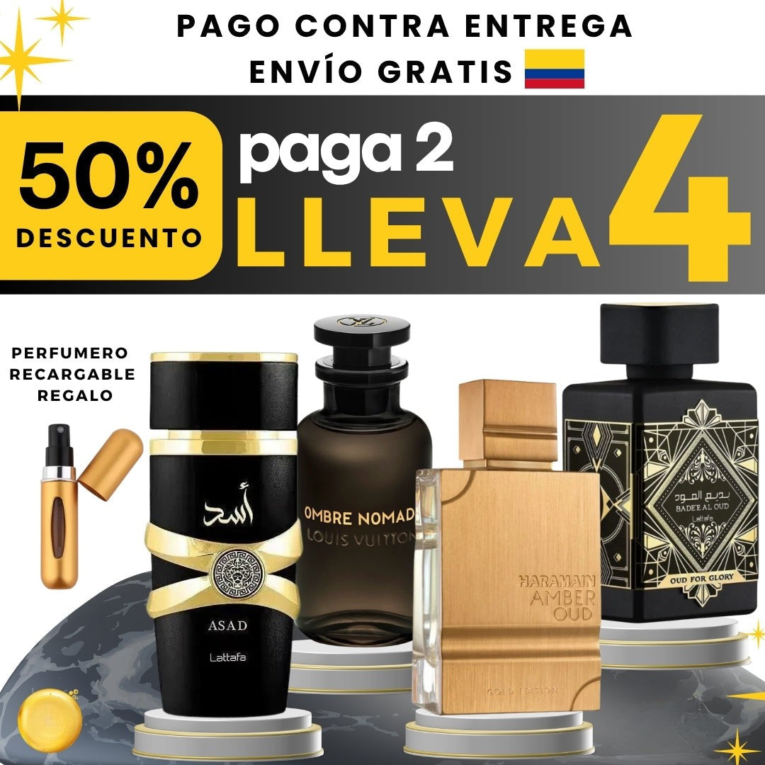 KIT 4 PERFUMES + REGALO ( Insp. Oud For Glory, Asad, Haramain, Nomade)
